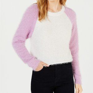 Juniors Size Medium Fuzzy Cropped Baseball Sweater White Lavender